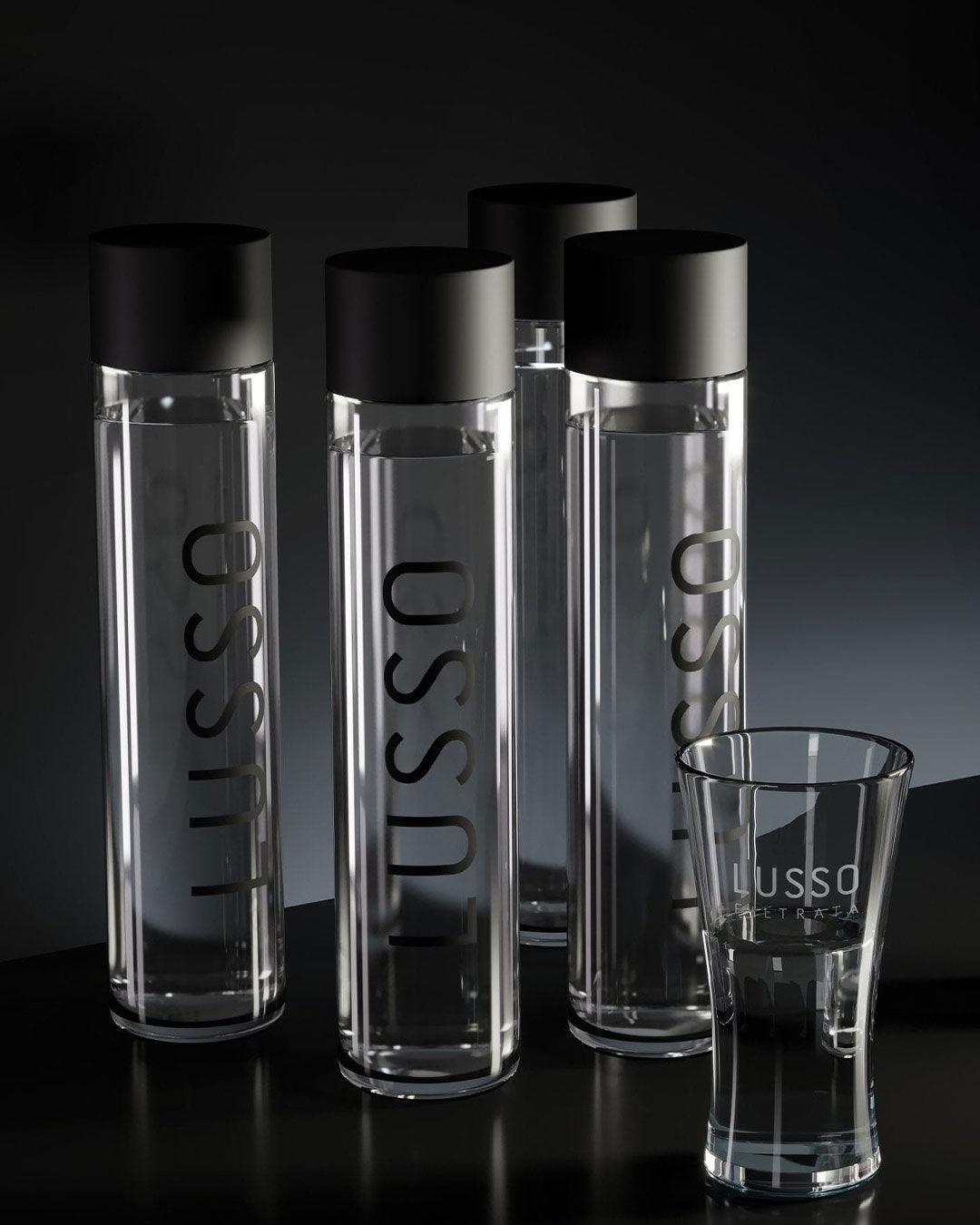 Set of clear bottles with black lids and 'LUSSO' branding on a dark background