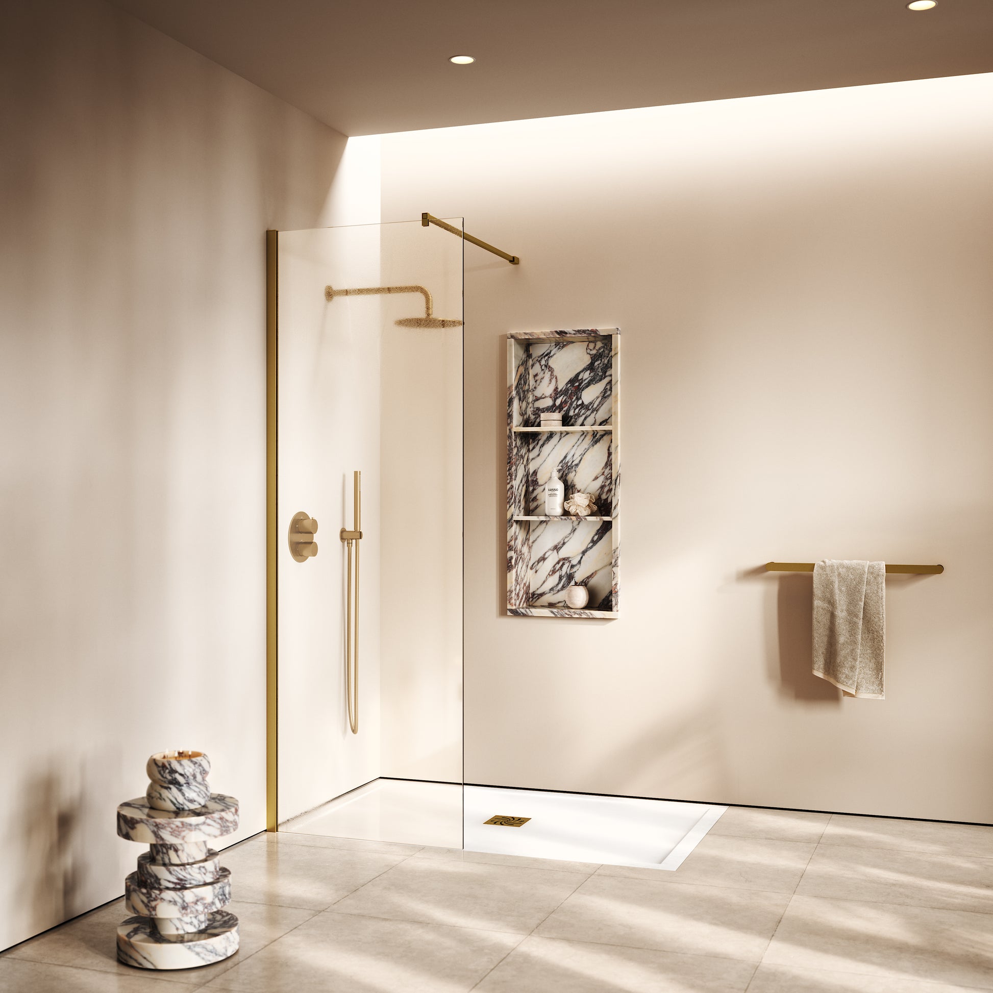Modular Brushed Gold Complete Walk In Shower Enclosure - KIT A - All Sizes