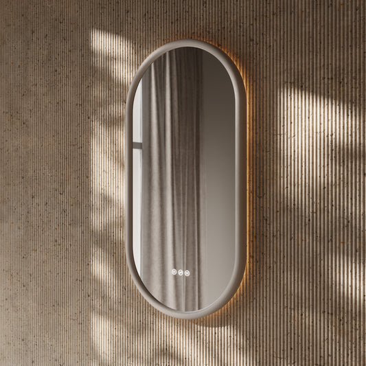 Cheval Velvet Beige Oval Mirror with LED and Demister 450mm