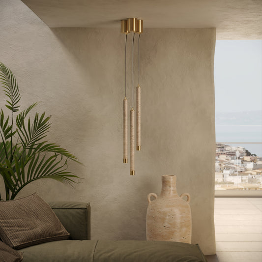 Perla Travertine & Brushed Gold IP65 Hanging Pendant Light 700mm