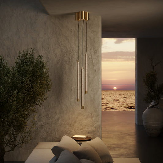 Perla Travertine & Brushed Gold IP65 Hanging Pendant Light 700mm