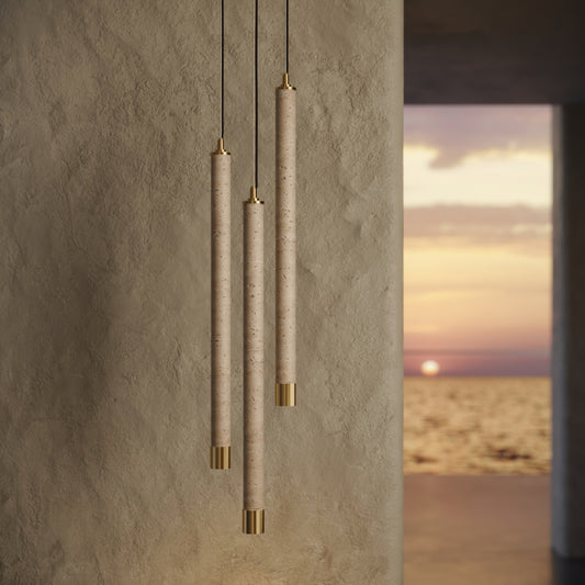 Perla Travertine & Brushed Gold IP65 Hanging Pendant Light 700mm