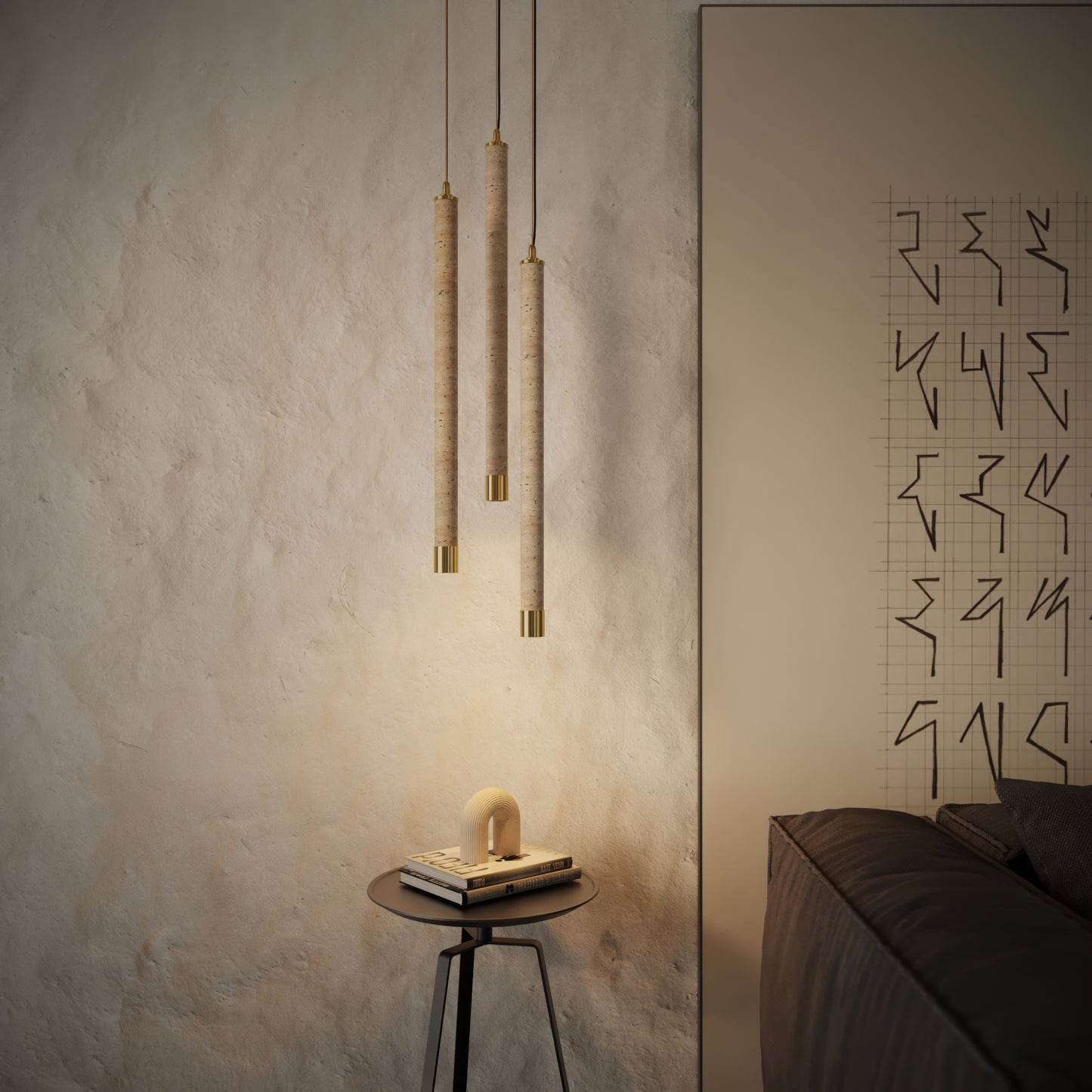 Perla Travertine & Brushed Gold Hanging Pendant Light 700mm