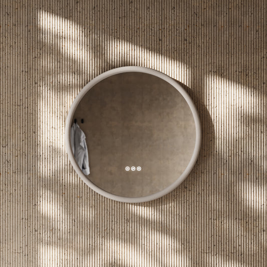 Cheval Velvet Beige Round Mirror with LED and Demister 600mm