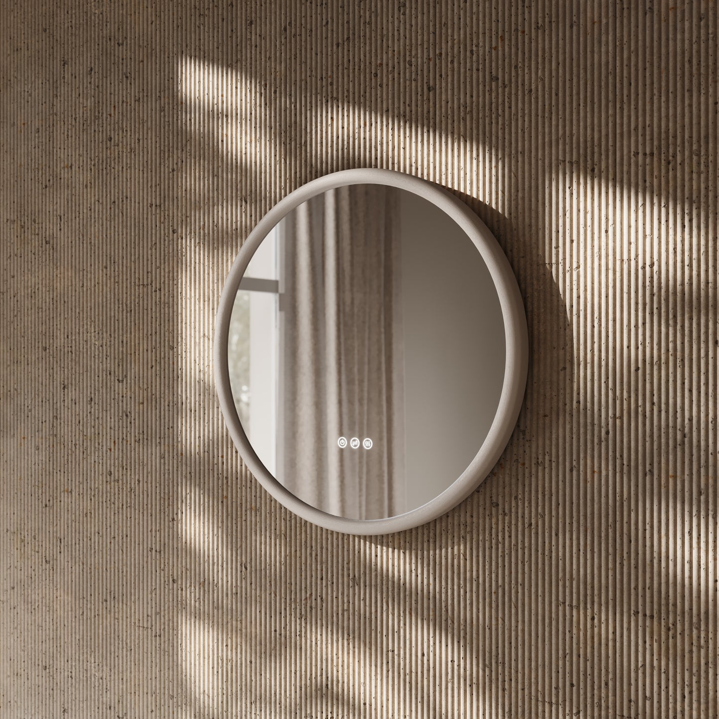 Cheval Velvet Beige Round Mirror with LED and Demister 600mm
