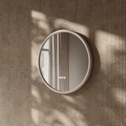 Cheval Velvet Beige Round Mirror with LED and Demister 600mm