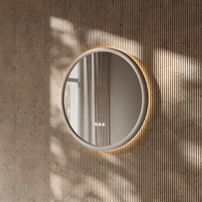 Cheval Velvet Beige Round Mirror with LED and Demister 600mm