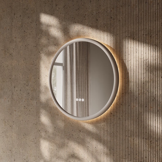 Cheval Velvet Beige Round Mirror with LED and Demister 600mm