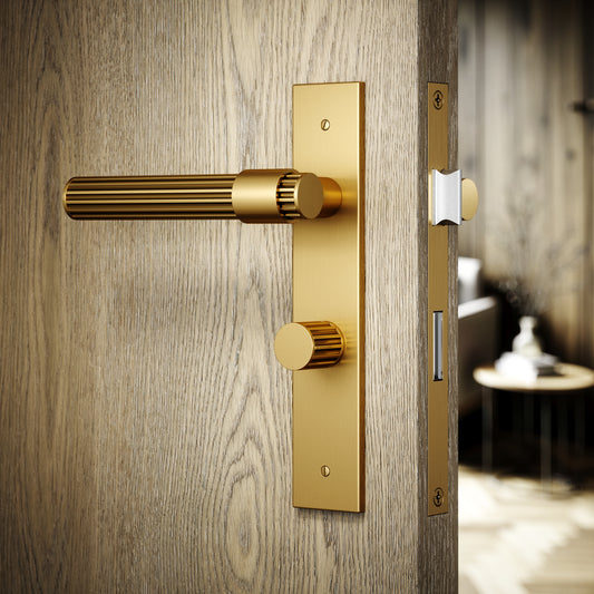 Royal Oak Brushed Gold Deep Flute Bathroom WC Handle & Plate Thumbturn Set