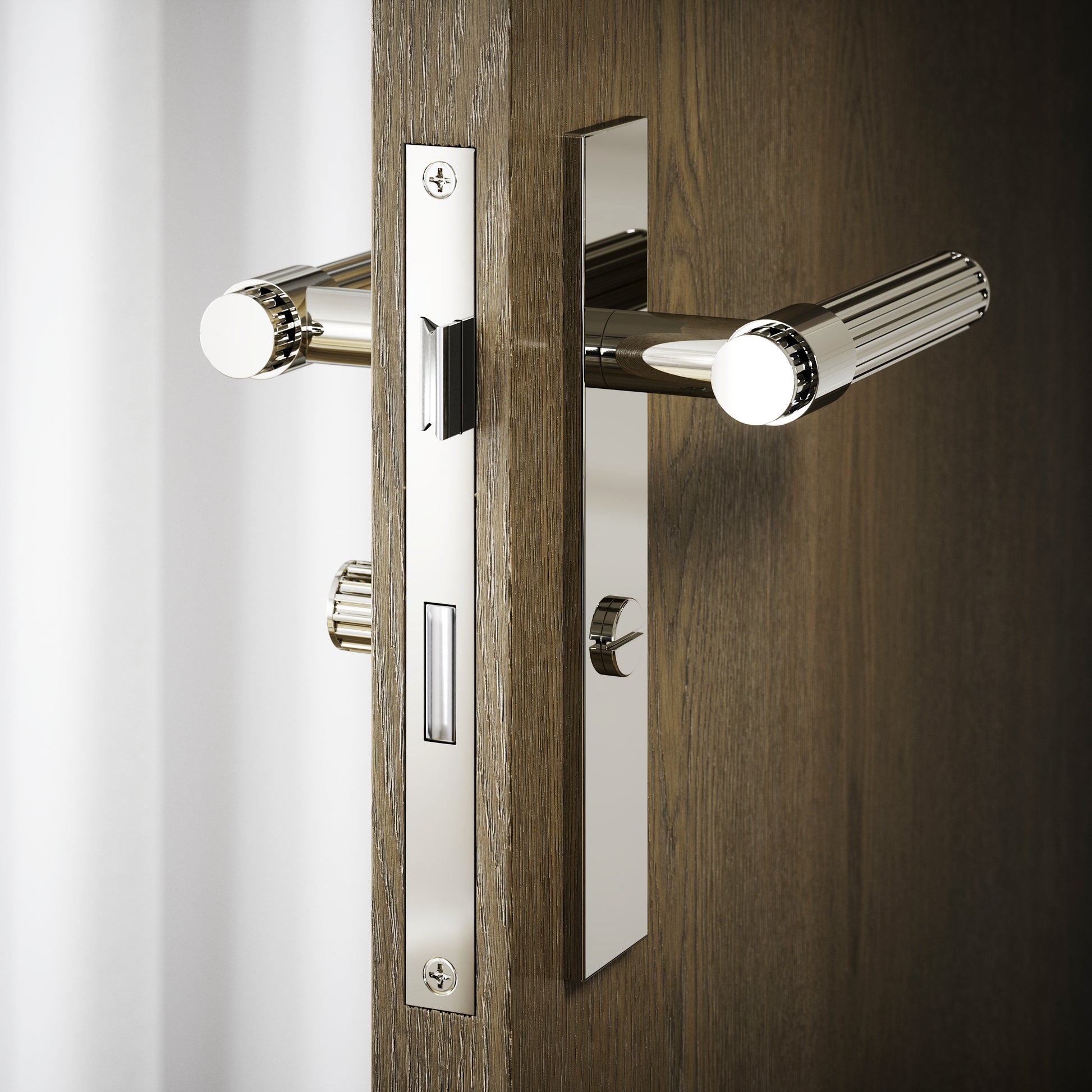 Royal Oak Polished Nickel Deep Flute Bathroom WC Handle & Plate Thumbturn Set