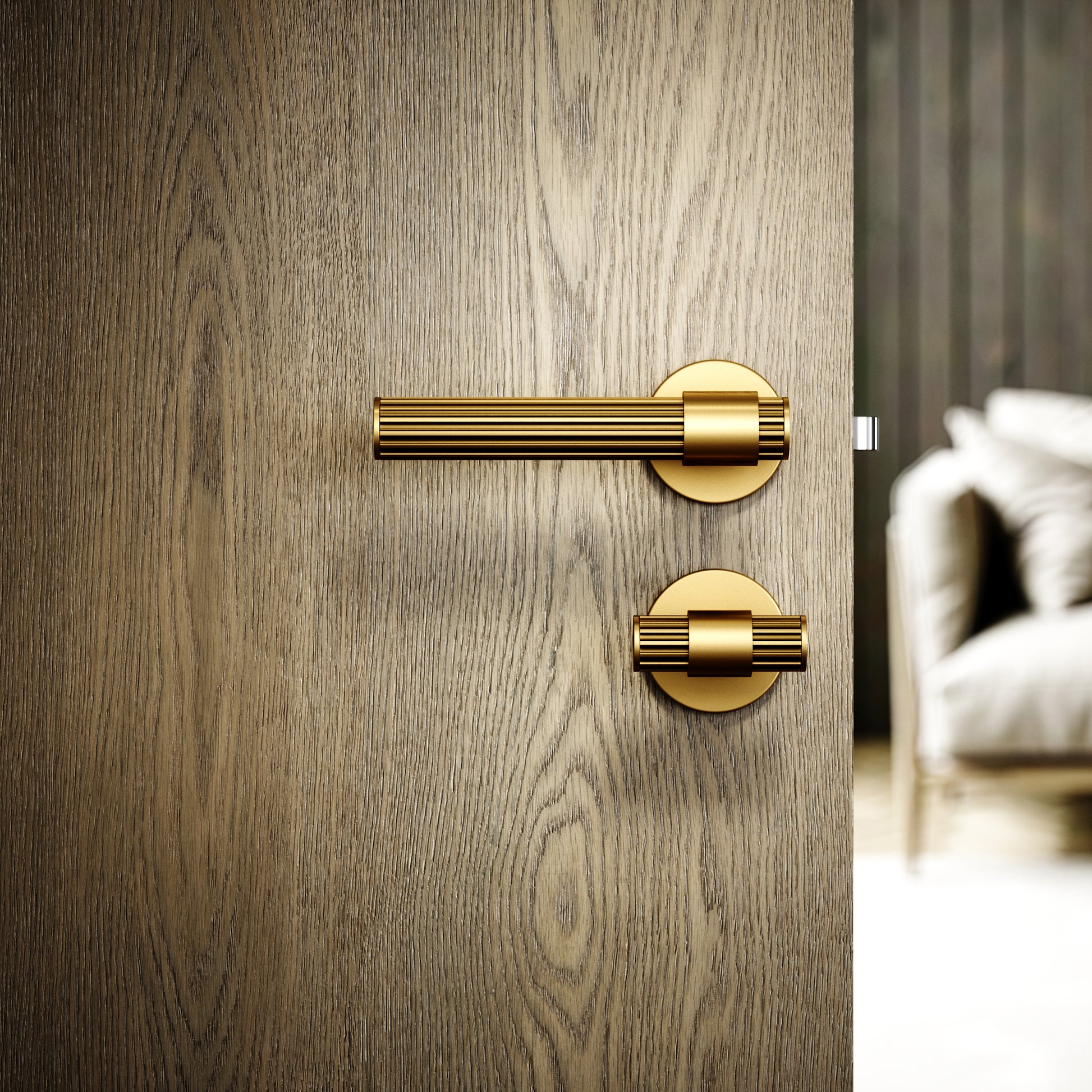 Royal Oak Brushed Gold Deep Flute Bathroom WC Handle & Round Thumbturn Set