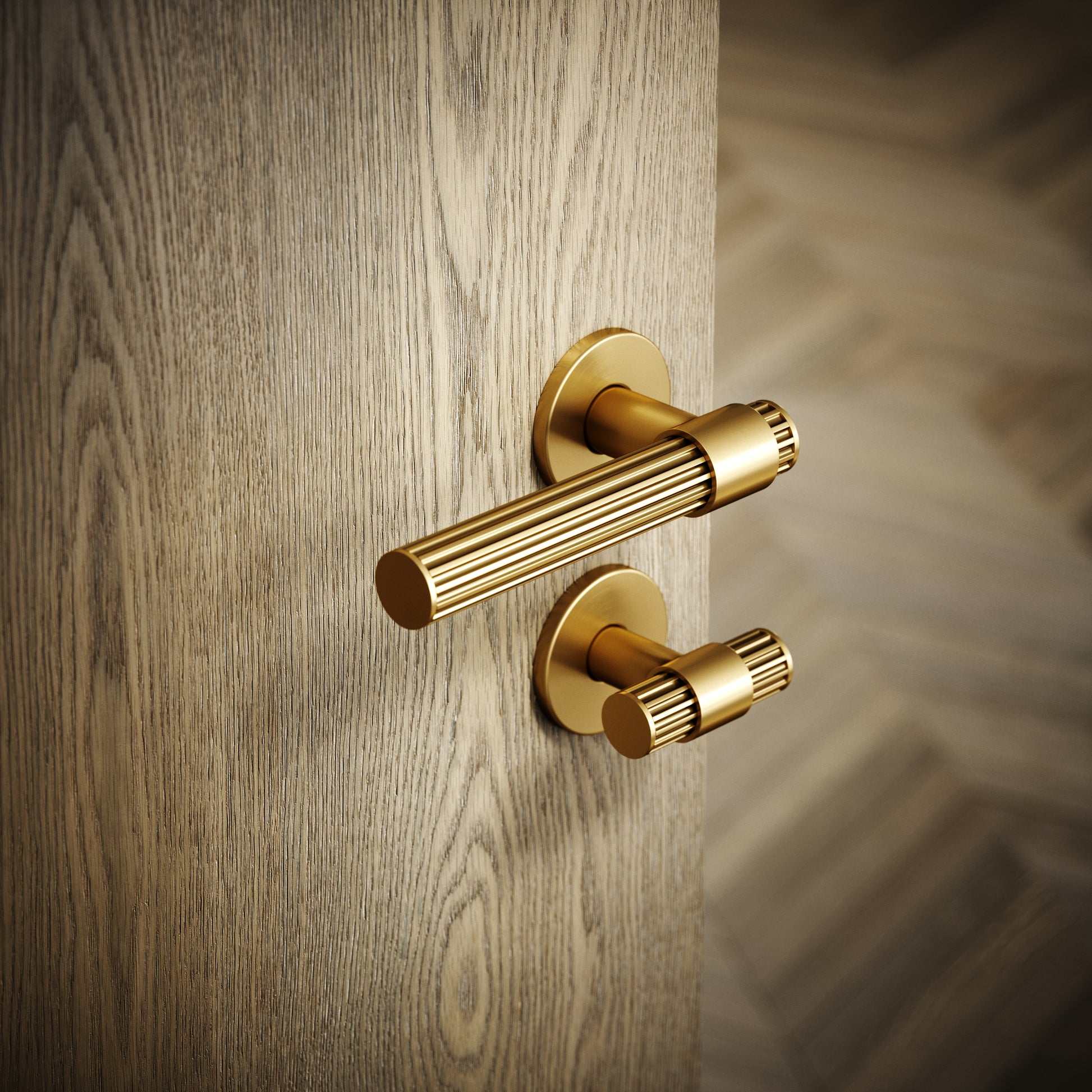 Royal Oak Brushed Gold Deep Flute Bathroom WC Handle & Round Thumbturn Set