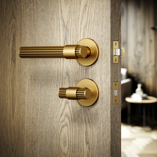 Royal Oak Brushed Gold Deep Flute Bathroom WC Handle & Round Thumbturn Set