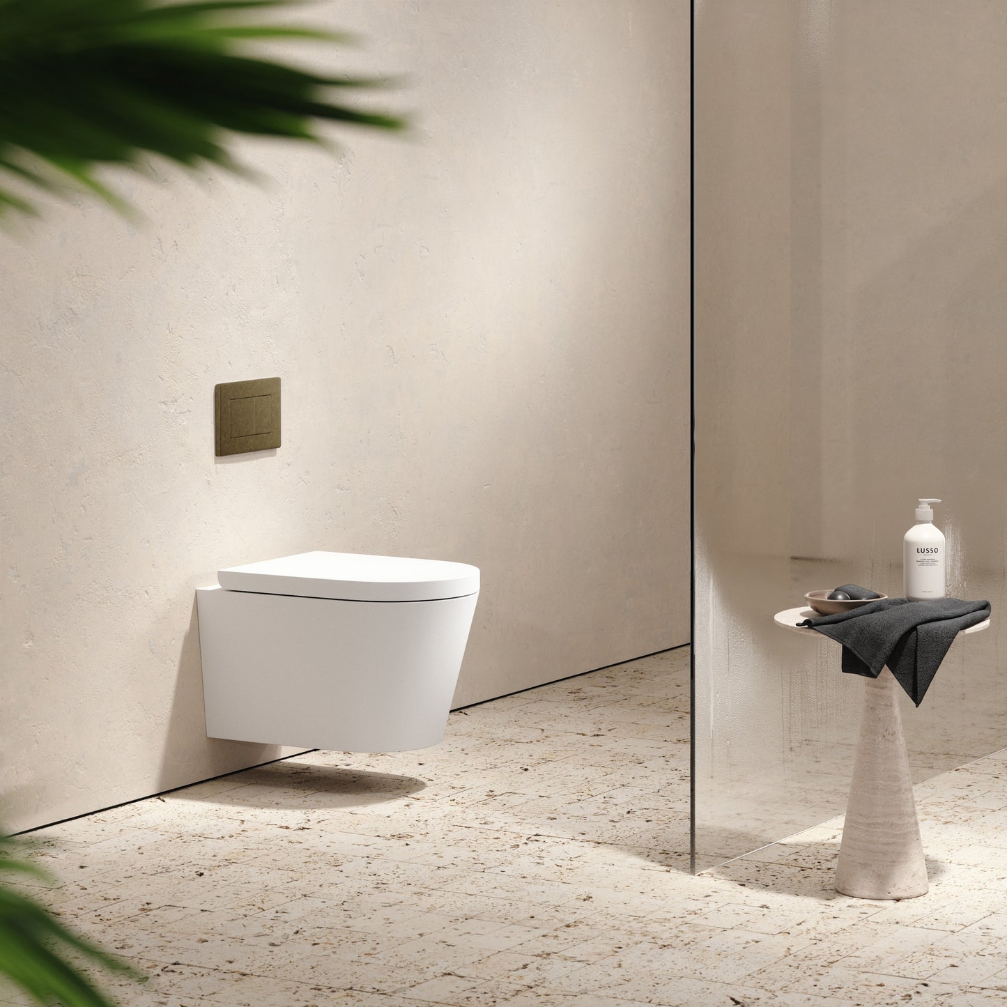 Senza Wall Hung Rimless Toilet with Concealed Cistern Frame and Aged Bronze Flush Plate