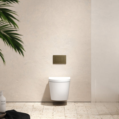 Senza Wall Hung Rimless Toilet with Concealed Cistern Frame and Aged Bronze Flush Plate