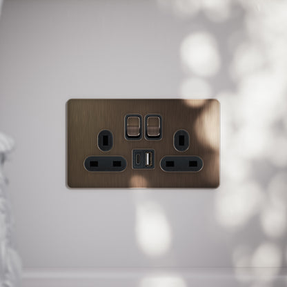 SlimTech Collection Brushed Bronze 2 Gang 13A USB & USB-C Socket