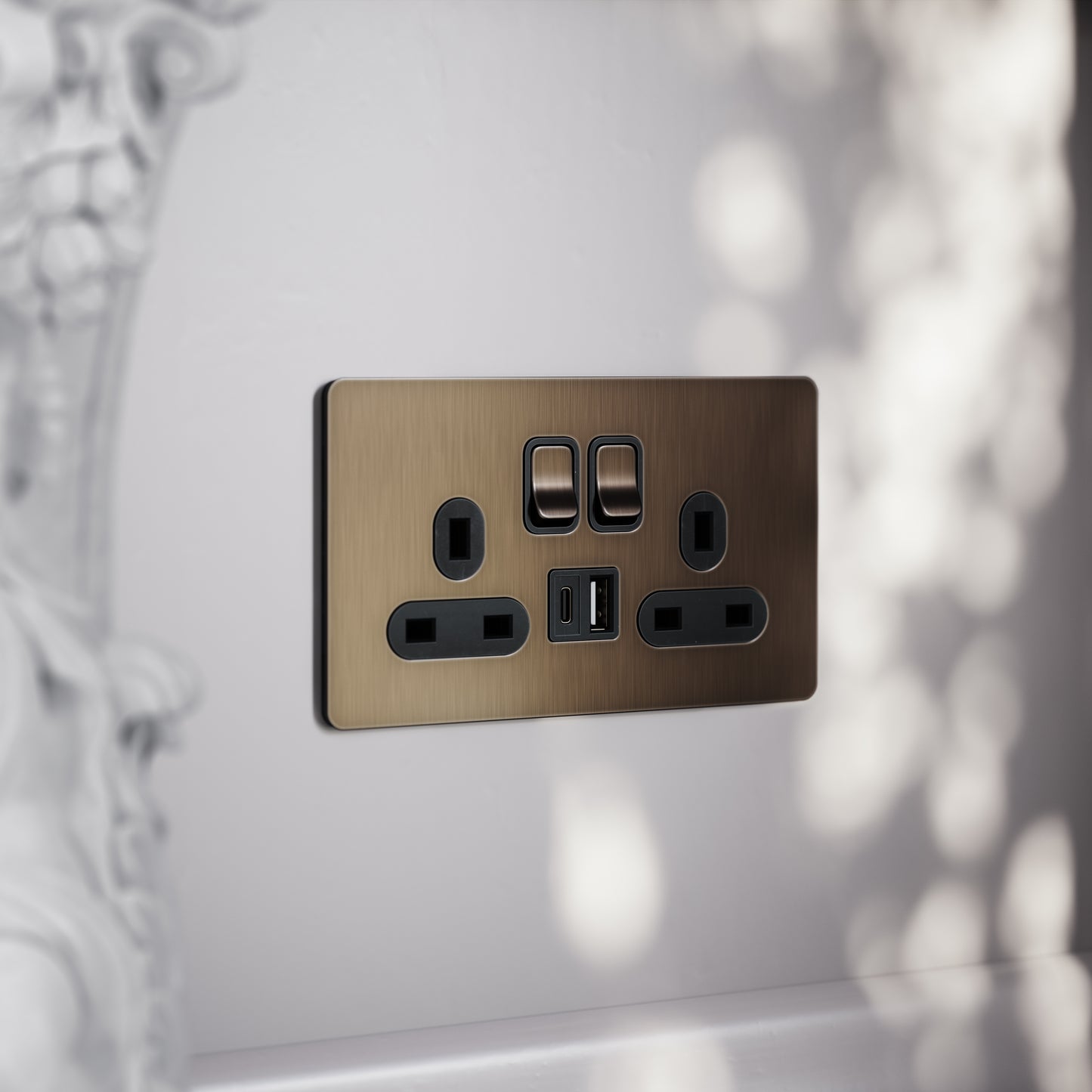 SlimTech Collection Brushed Bronze 2 Gang 13A USB & USB-C Socket