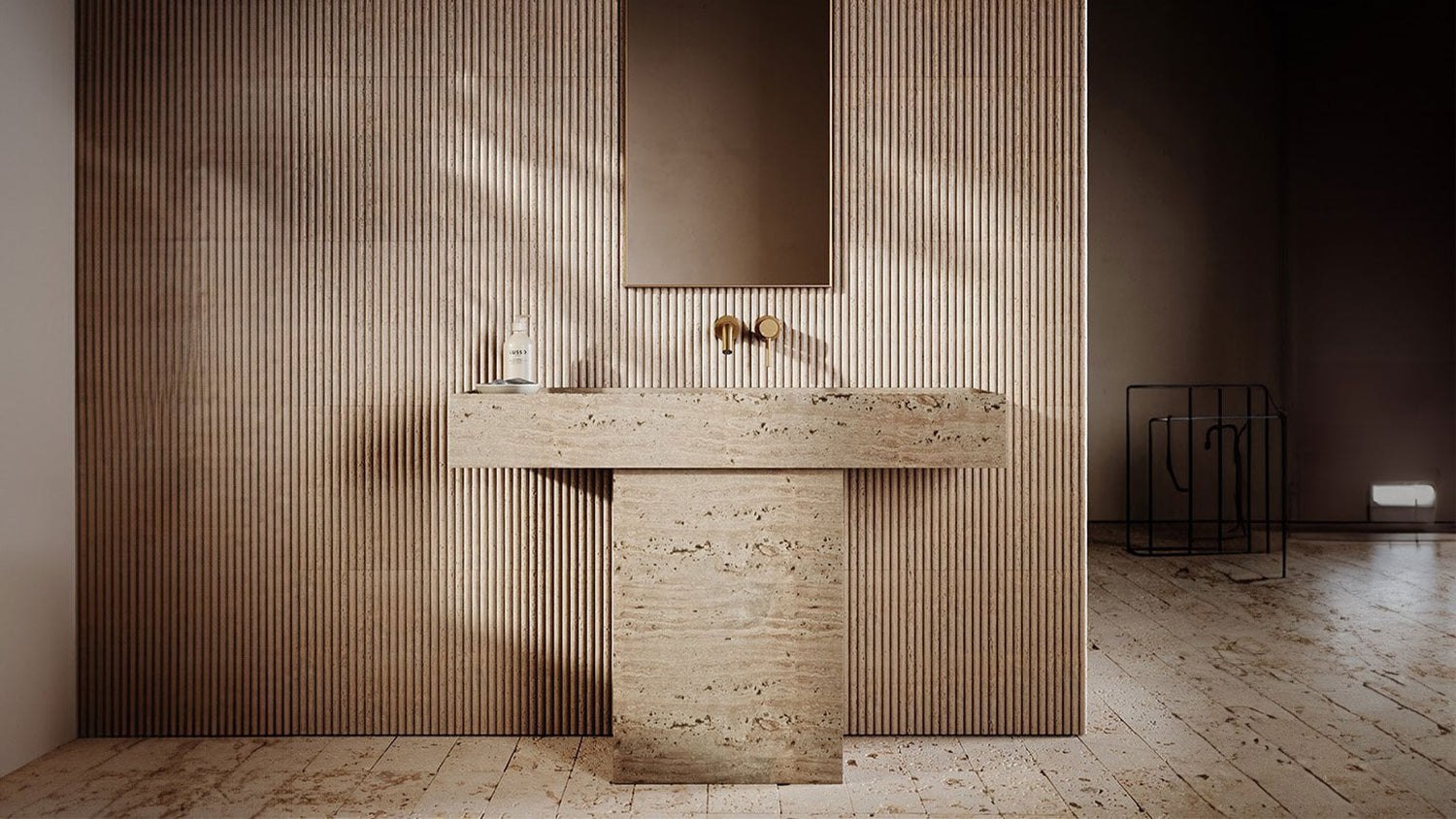 Modern bathroom with stone vanity against a striped wall