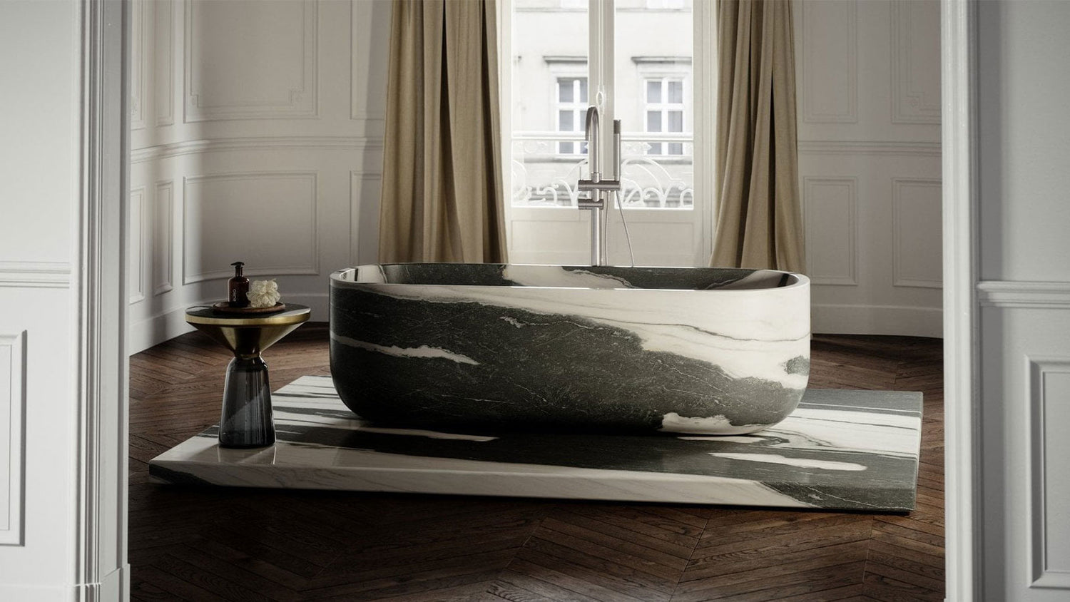 Marble bathtub in a luxurious bathroom with large windows and curtains.