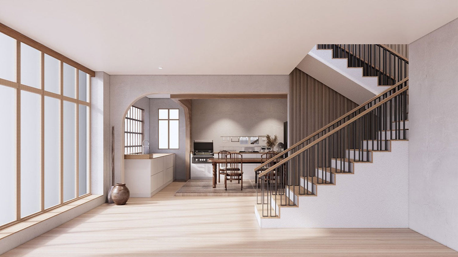 Modern interior with a staircase, dining area, and large windows.