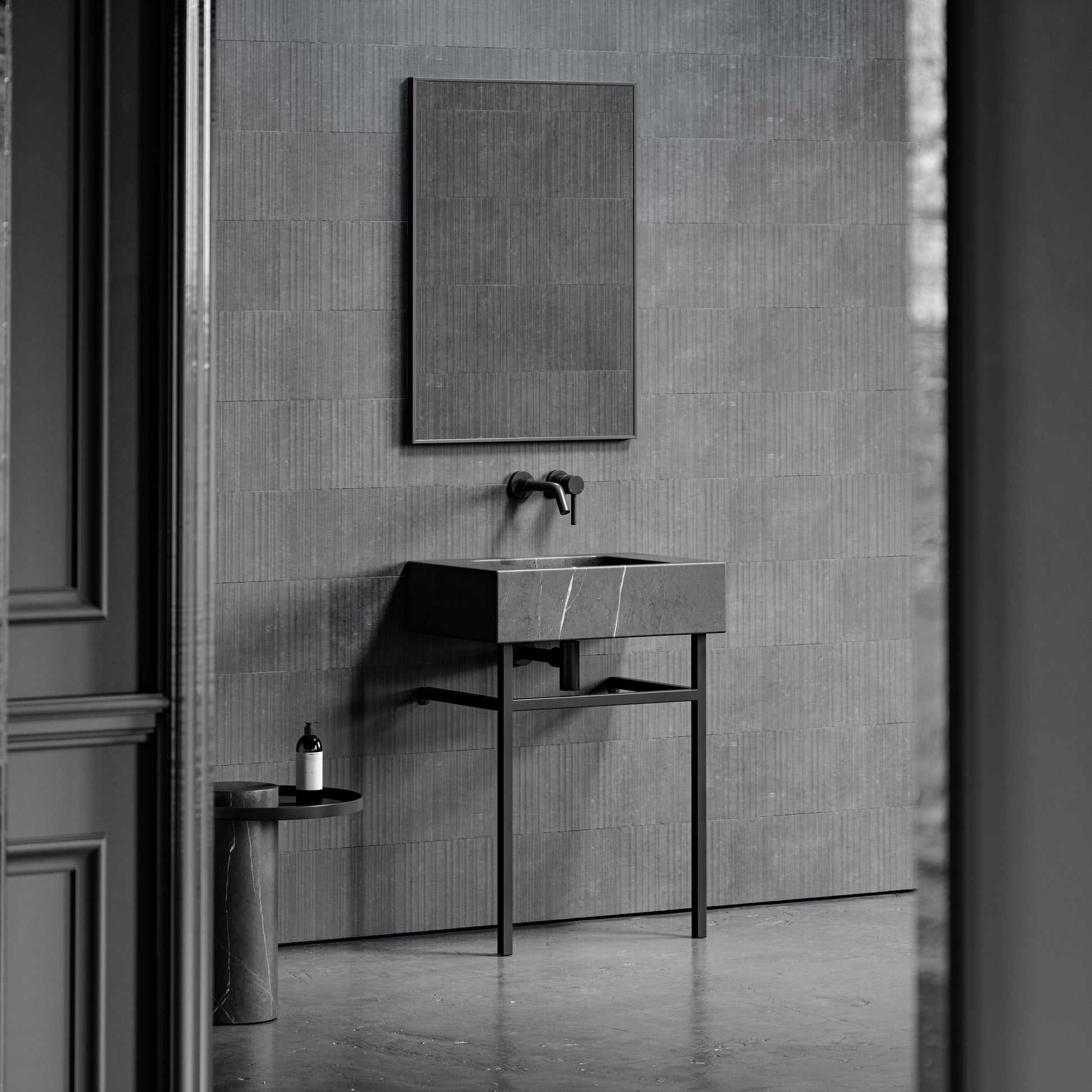 Vernante Pietra Grey Marble Matte Black Vanity Unit 600mm