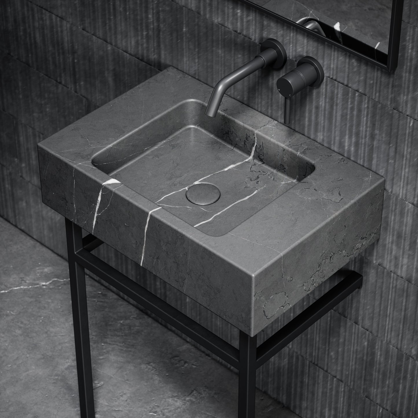 Vernante Pietra Grey Marble Matte Black Vanity Unit 600mm