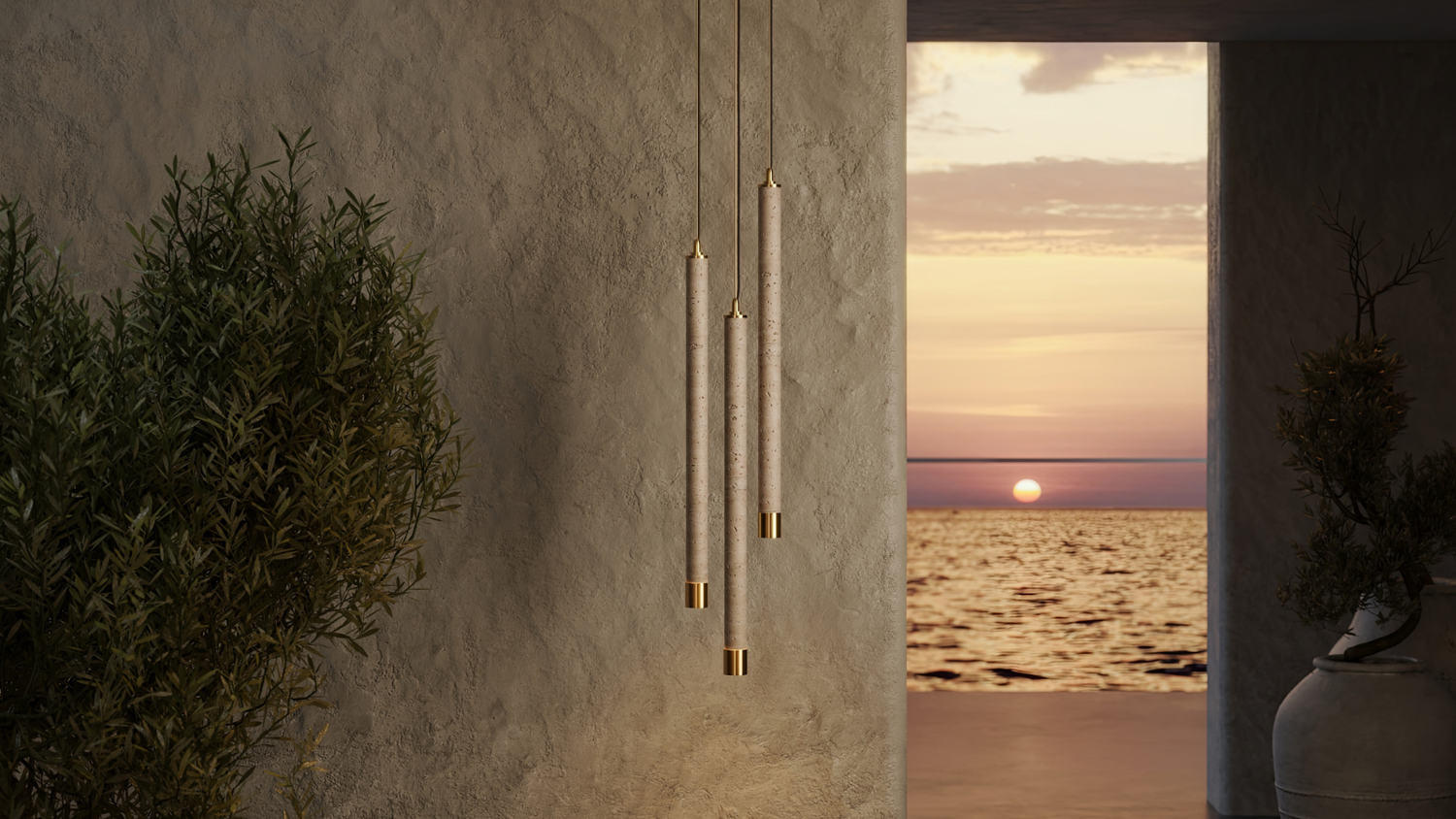 Modern pendant lights hanging on a textured wall with a scenic sunset over water view.