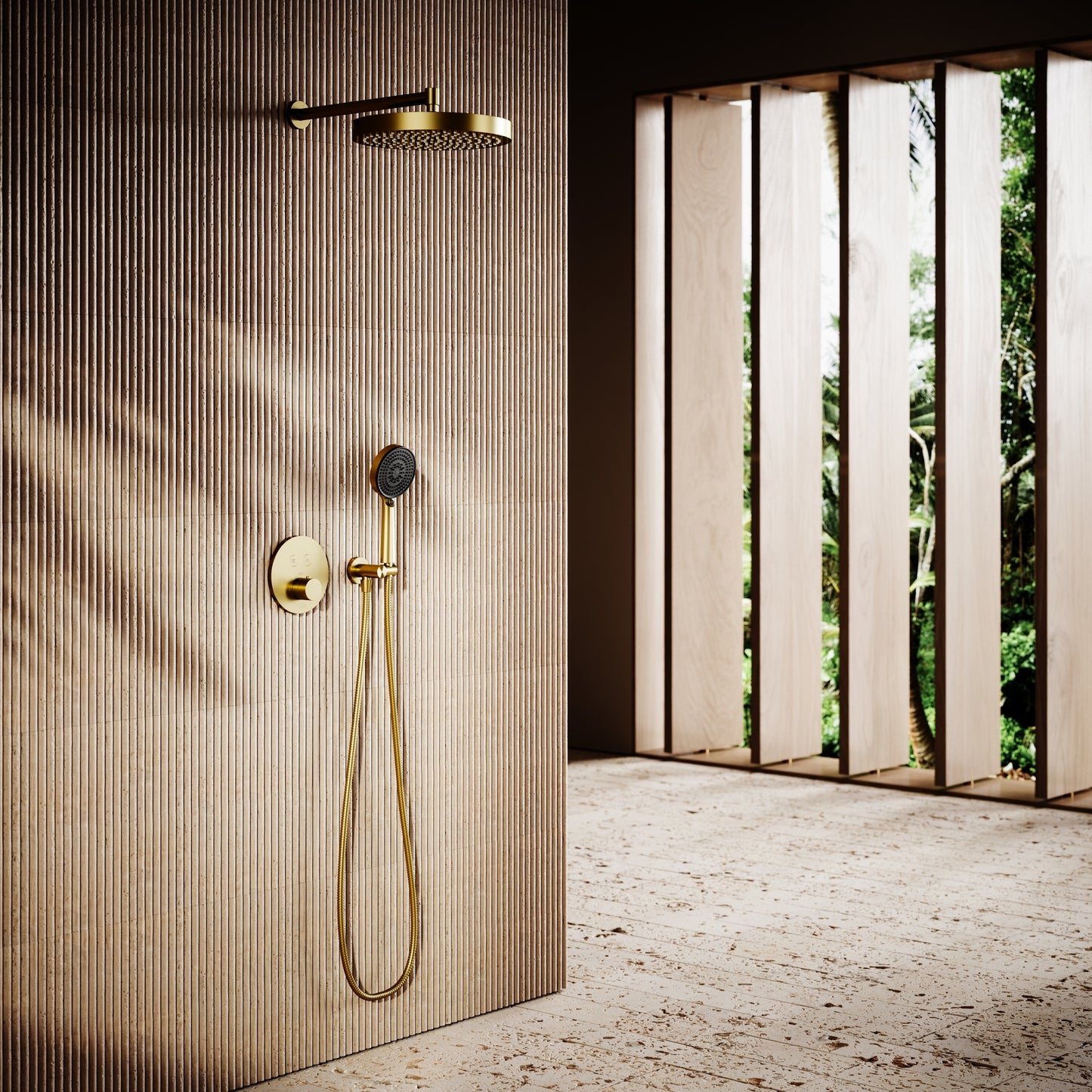 AcquaVita Brushed Gold Push Button Rainfall Shower