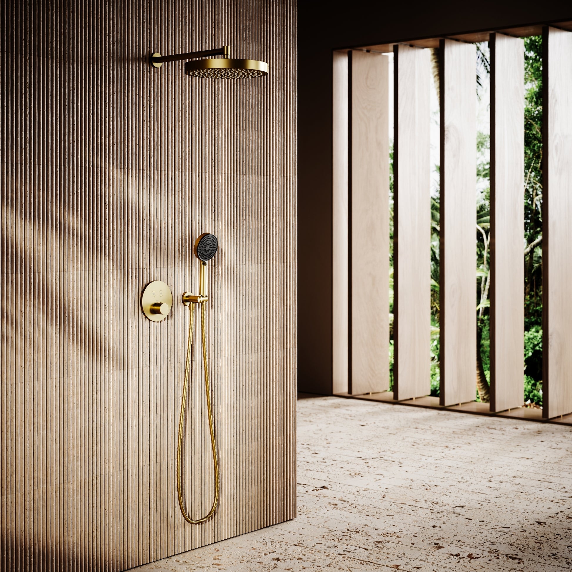 AcquaVita Brushed Gold Push Button Rainfall Shower