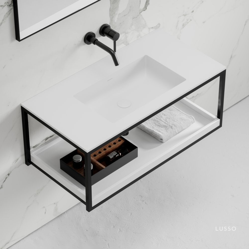 Aria Vanity Unit with Stone Basin Matte Black Frame 900mm