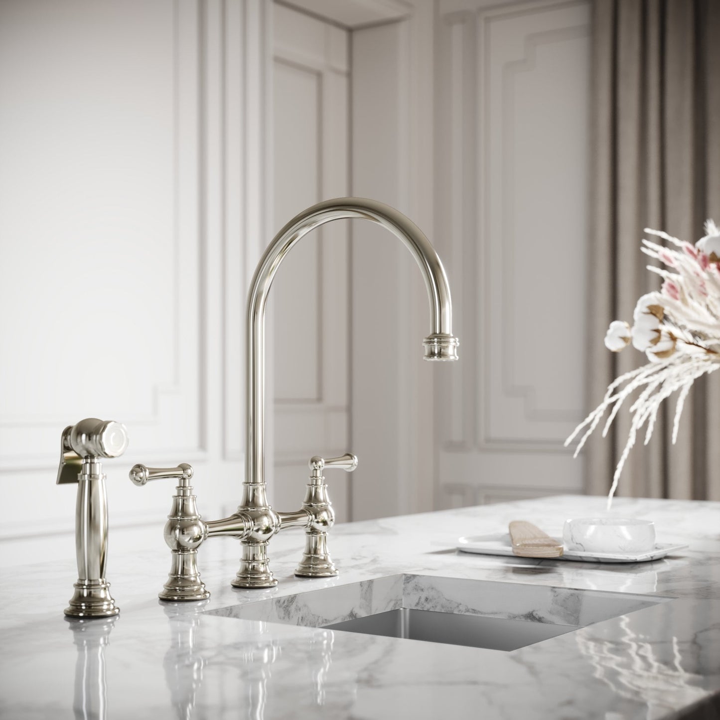 Asbury 4-hole Traditional Kitchen Tap Polished Nickel