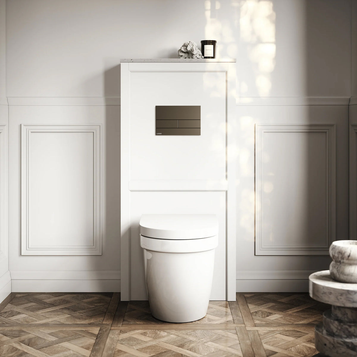 Berkeley Traditional Back to Wall Rimless Toilet with Concealed Cistern, Matte White Claridge Housing and Square Flush Plate