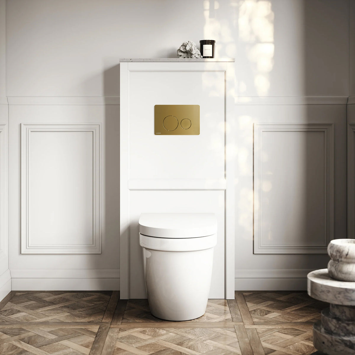 Berkeley Traditional Back to Wall Rimless Toilet with Concealed Cistern, Matte White Claridge Housing and Round Flush Plate