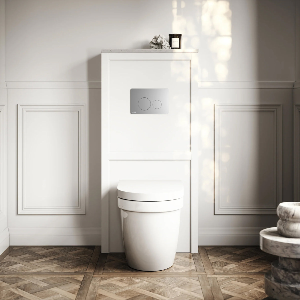 Berkeley Traditional Back to Wall Rimless Toilet with Concealed Cistern, Matte White Claridge Housing and Round Flush Plate