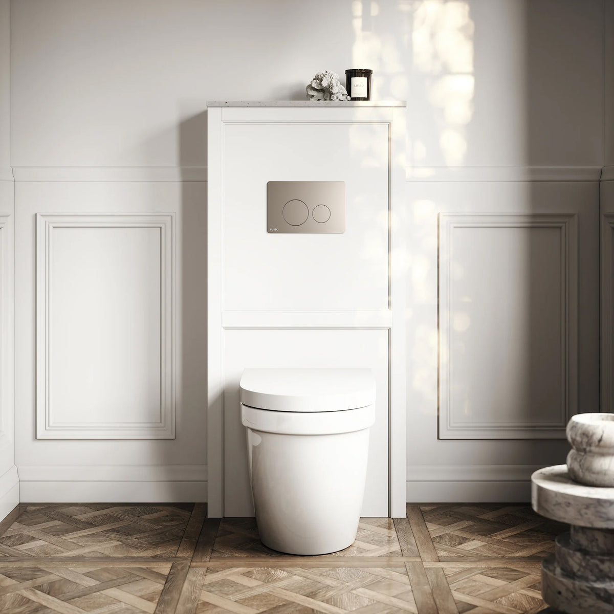 Berkeley Traditional Back to Wall Rimless Toilet with Concealed Cistern, Matte White Claridge Housing and Round Flush Plate