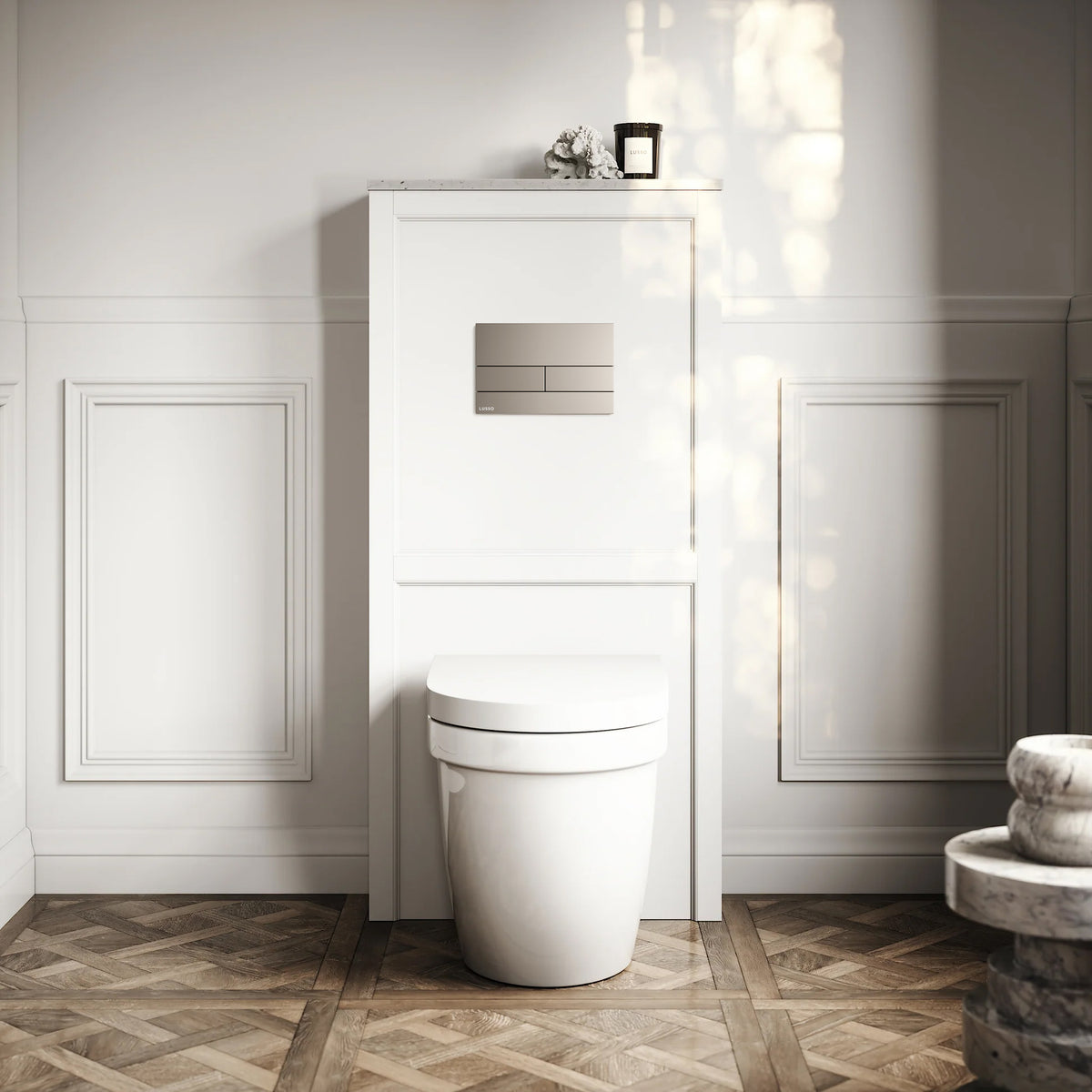 Berkeley Traditional Back to Wall Rimless Toilet with Concealed Cistern, Matte White Claridge Housing and Square Flush Plate
