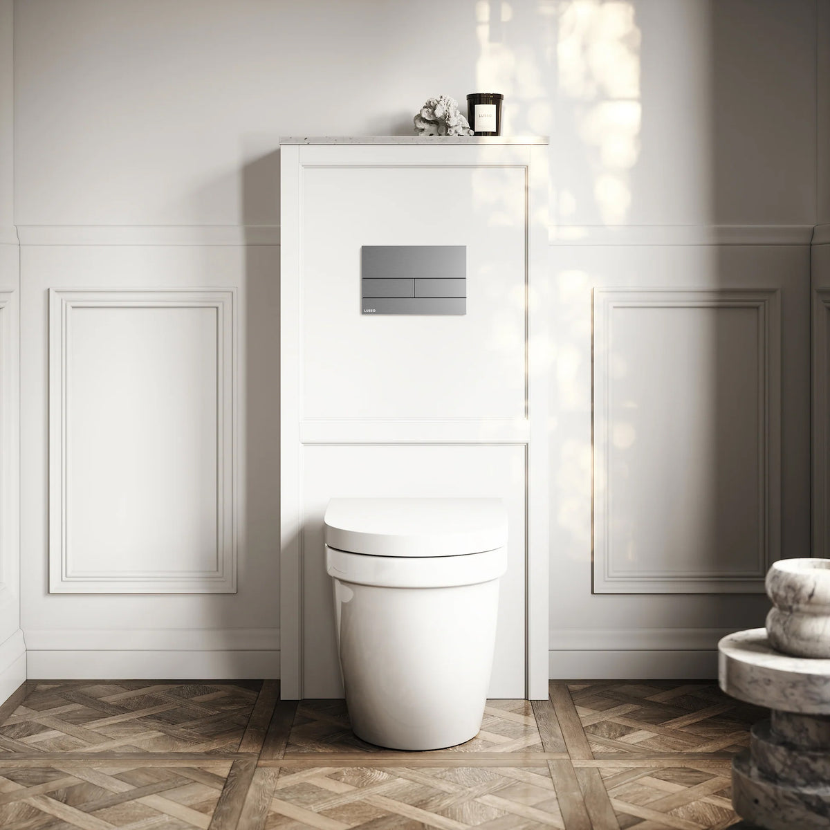 Berkeley Traditional Back to Wall Rimless Toilet with Concealed Cistern, Matte White Claridge Housing and Square Flush Plate