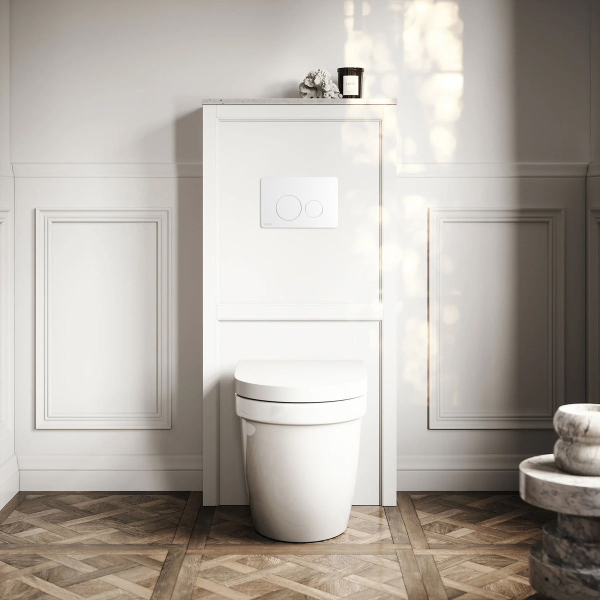Berkeley Traditional Back to Wall Rimless Toilet with Concealed Cistern, Matte White Claridge Housing and Round Flush Plate