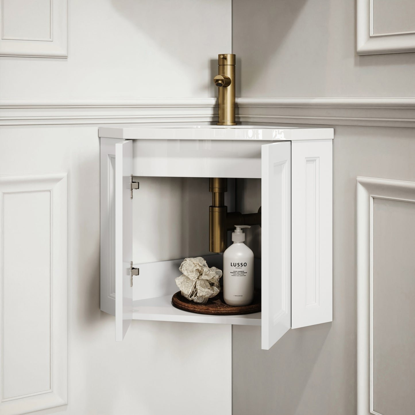 Blenheim Matte White Corner Vanity Unit with Stone Basin 390mm