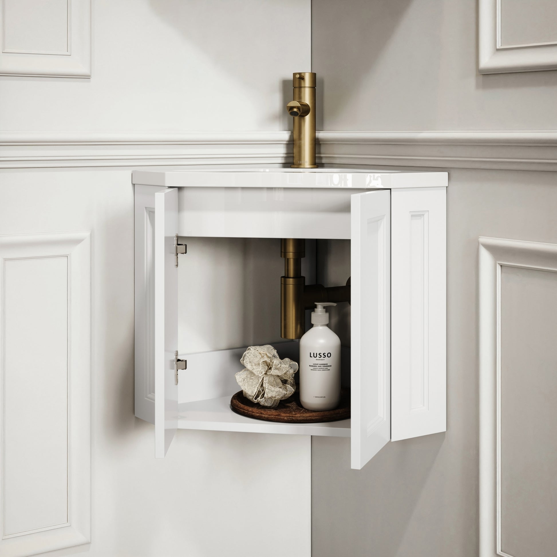 Blenheim Matte White Corner Vanity Unit with Stone Basin 390mm