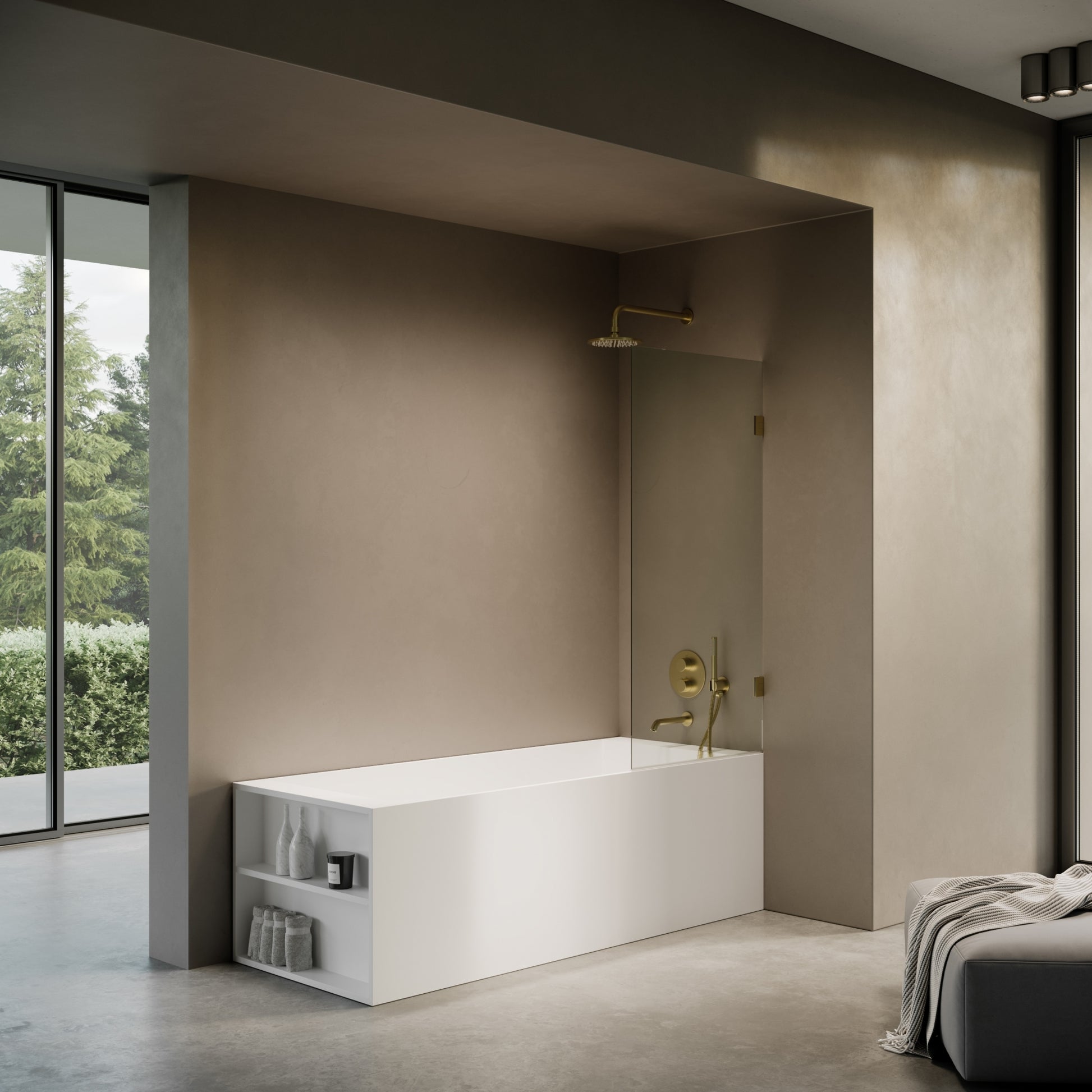 Cabina Brushed Gold Frameless Hinged Bath Shower Screen 800mm