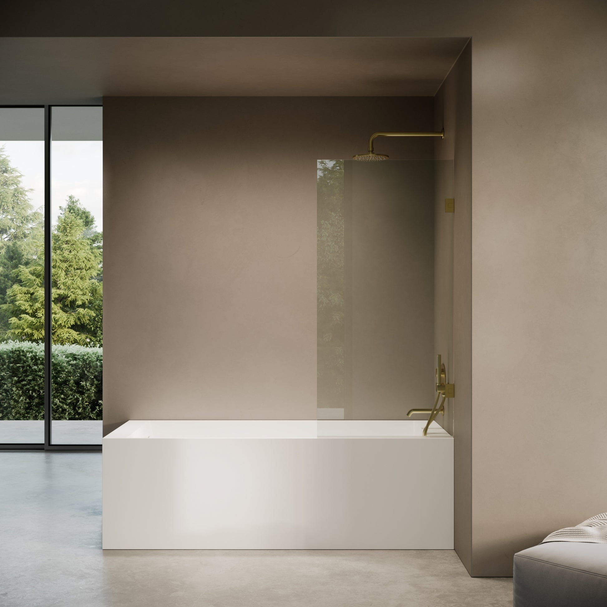 Cabina Brushed Gold Frameless Hinged Bath Shower Screen 800mm