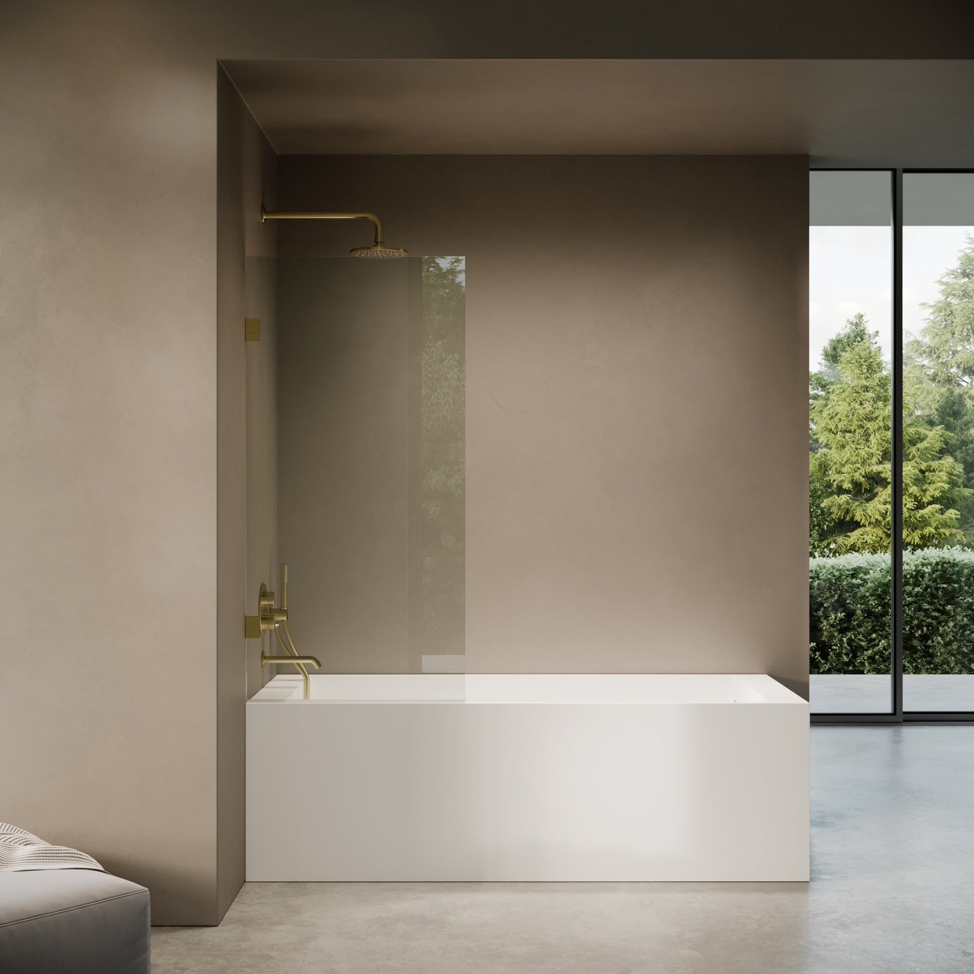 Cabina Brushed Gold Frameless Hinged Bath Shower Screen 800mm