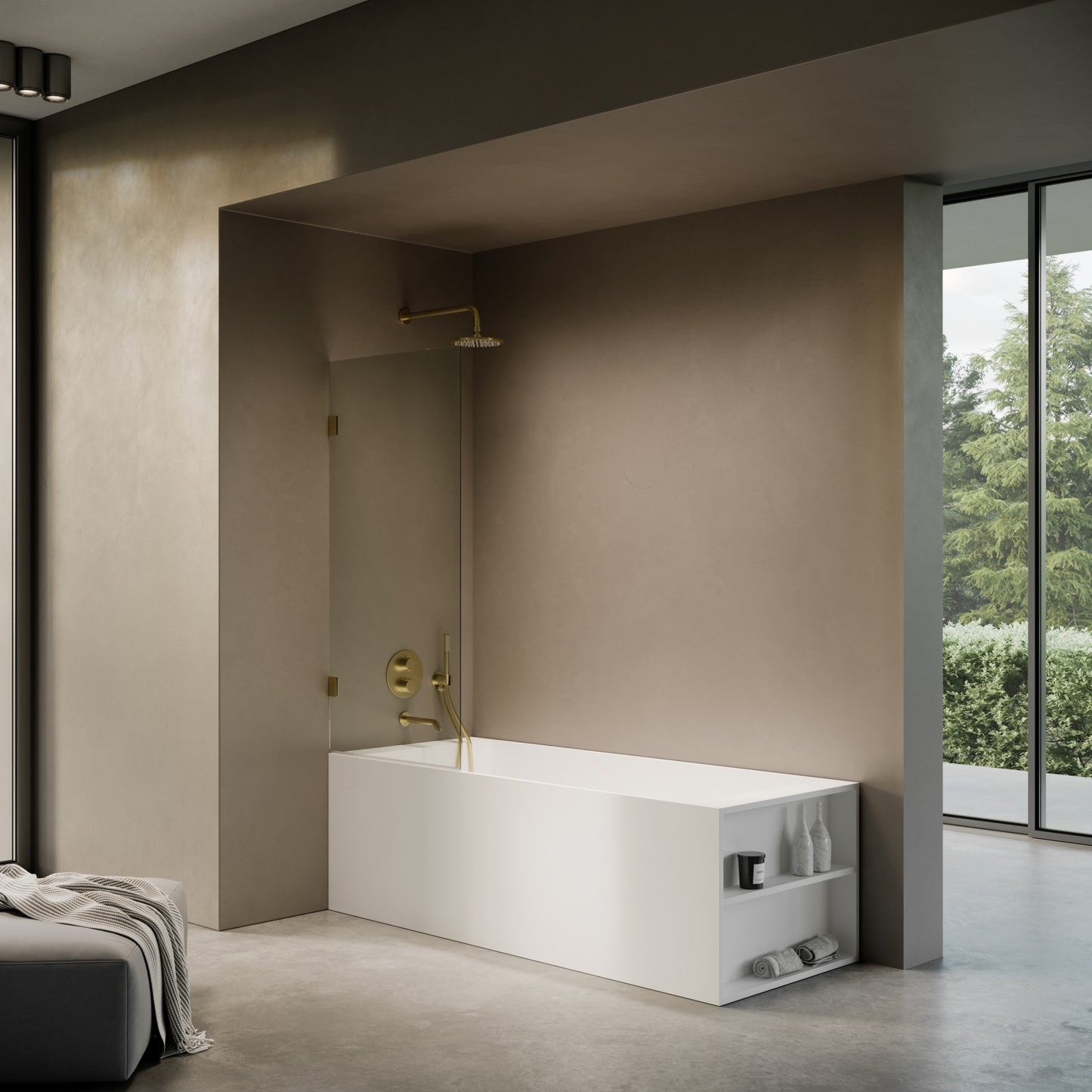 Cabina Brushed Gold Frameless Hinged Bath Shower Screen 800mm