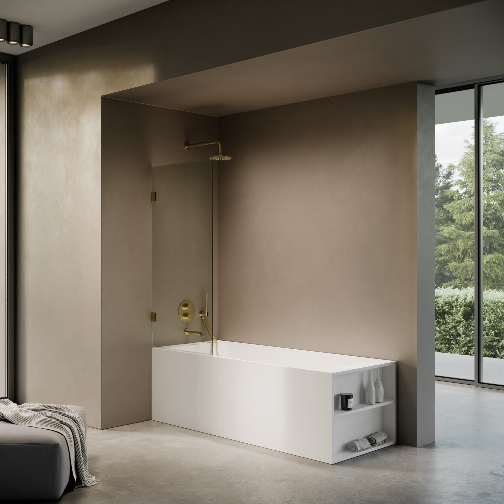 Cabina Brushed Gold Frameless Hinged Bath Shower Screen 800mm