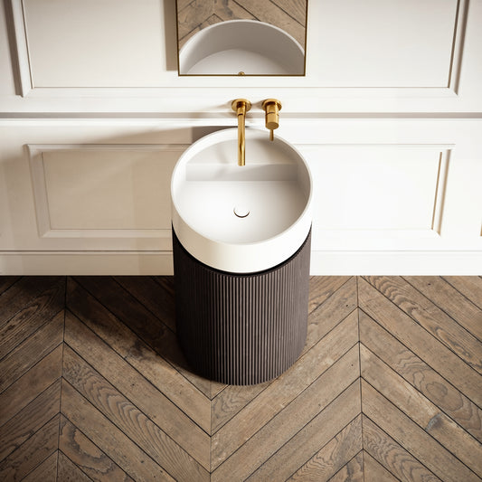 Chic Grey Oak Wood Grain Cylinder Vanity Unit with Stone Basin 450mm