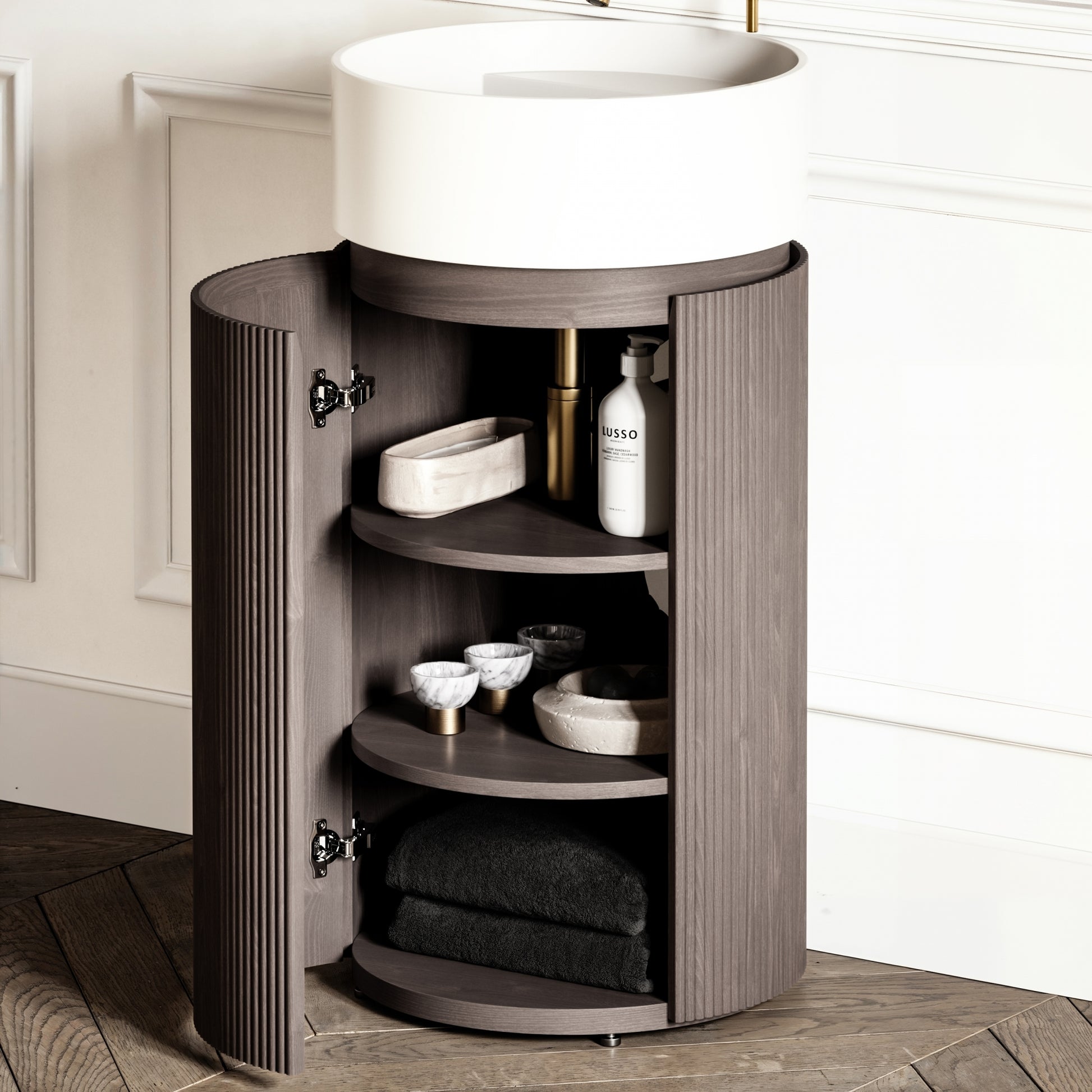 Chic Grey Oak Wood Grain Cylinder Vanity Unit with Stone Basin 450mm