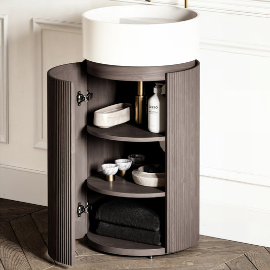 Chic Grey Oak Wood Grain Cylinder Vanity Unit with Stone Basin 450mm