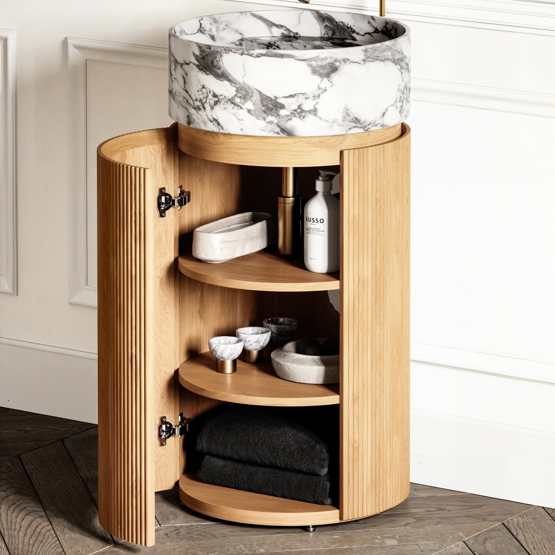 Chic Oak Wood Grain Cylinder Vanity Unit 450mm