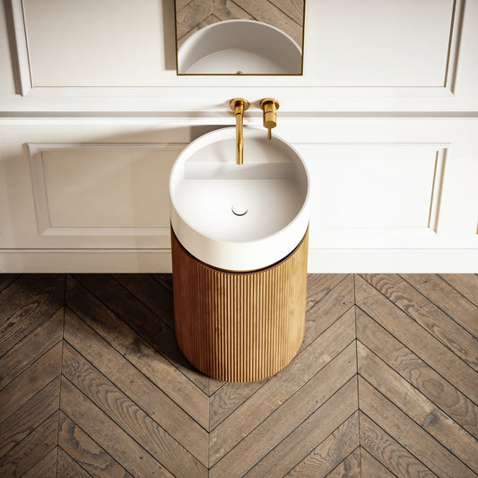 Chic Oak Wood Grain Cylinder Vanity Unit with Stone Basin 450mm